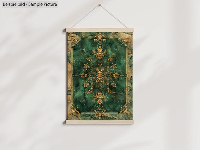 Decorative green and gold patterned wall hanging on white background.