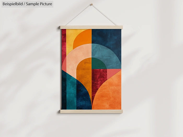 Geometric abstract art with vibrant orange, blue, and green shapes in a wooden frame, hanging on a white wall.