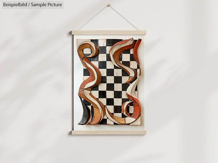 3D wall art with a checkered pattern and abstract wooden curves, mounted on a decorative hanging frame.