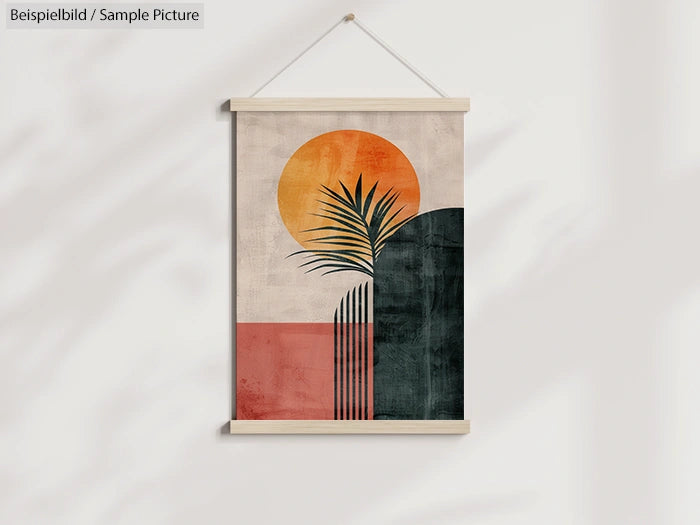 Minimalist wall art with abstract geometric design, featuring a sun, palm leaf, and blocks of color. Hanging on white wall.