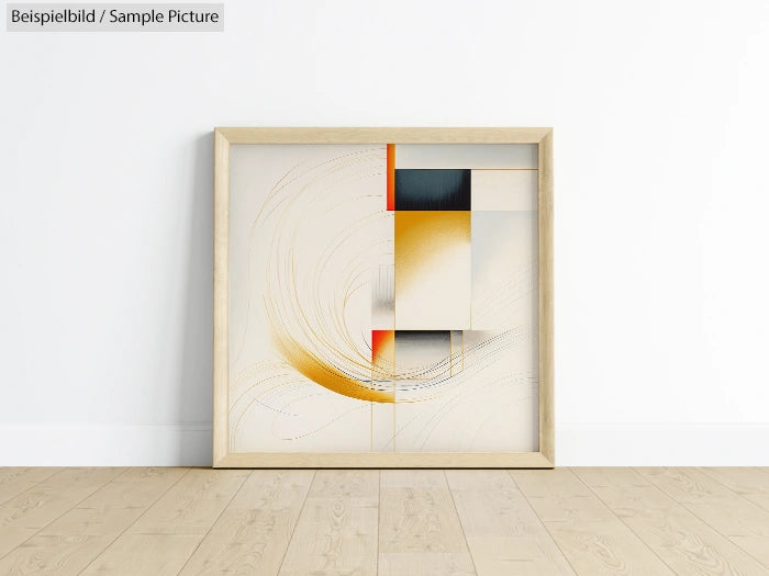 Framed abstract art with swirling lines and geometric shapes in beige, orange, and black, placed on a wooden floor.