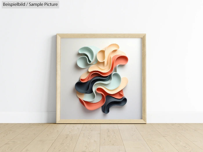 Framed abstract paper sculpture with pastel colors on wooden floor.