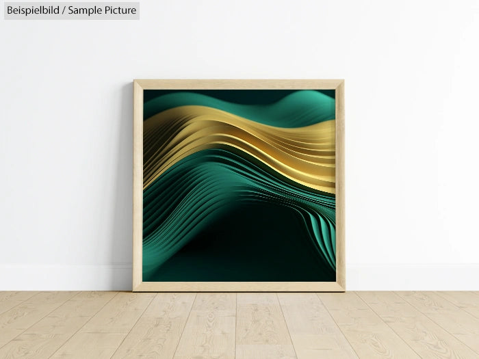 Abstract art with green and gold wave patterns in a wooden frame, placed against a white wall on a wooden floor.