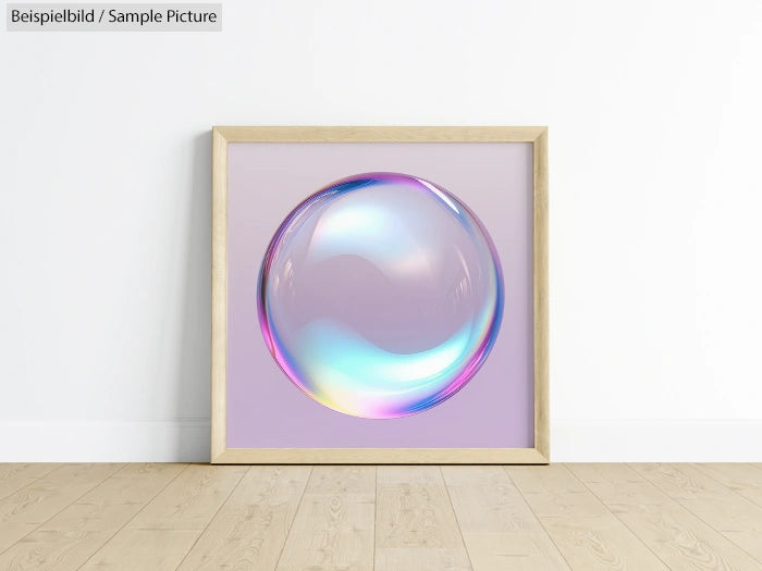 Framed artwork of a colorful iridescent sphere on a light purple background, displayed on a wooden floor.