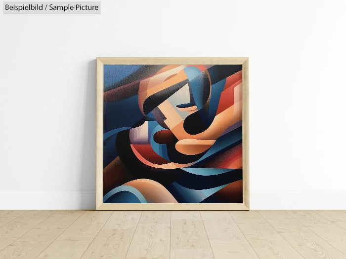 Framed abstract painting with swirling blue, orange, and black shapes on a wooden floor.