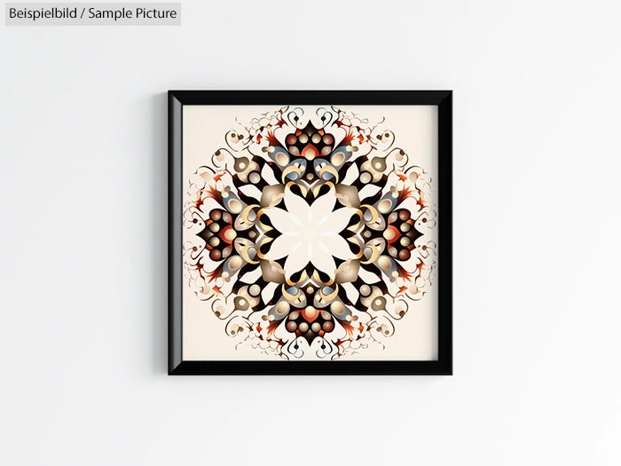 Framed mandala art with intricate floral design in shades of brown, white, and red, set against a light background.