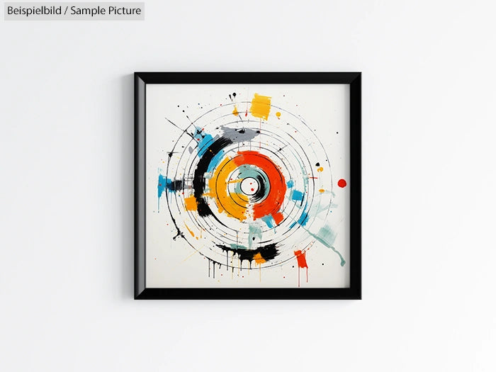 Colorful abstract painting with circular patterns in a black frame on a white wall.