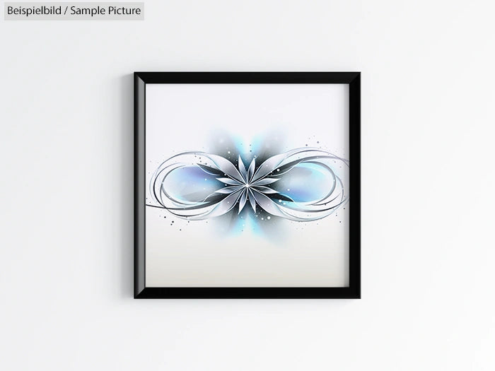 Framed abstract artwork with intricate swirling patterns in gray and blue on a white background.