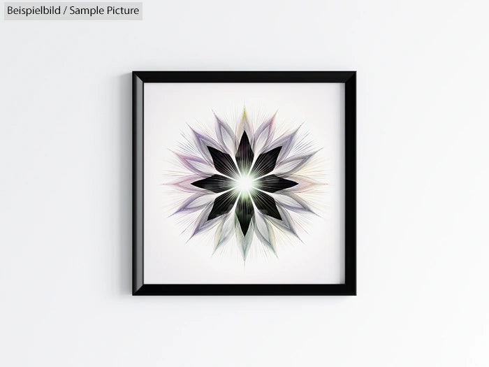 Framed abstract geometric artwork with a starburst pattern in muted colors, displayed on a white wall.