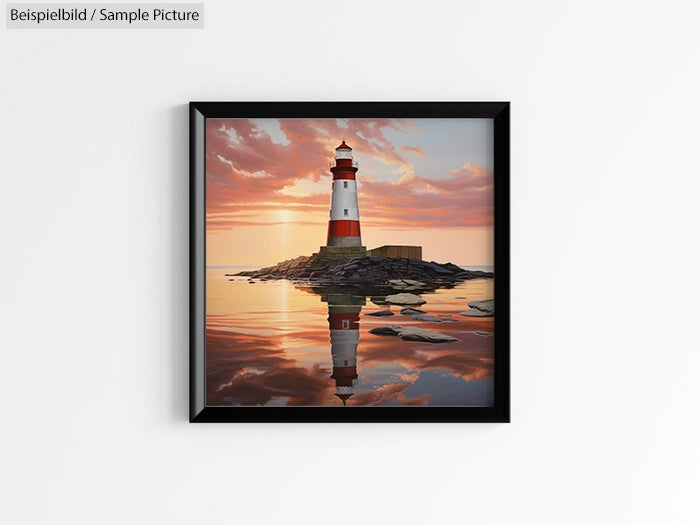 Framed painting of lighthouse on rocky island at sunset with calm water reflection on light wall background.