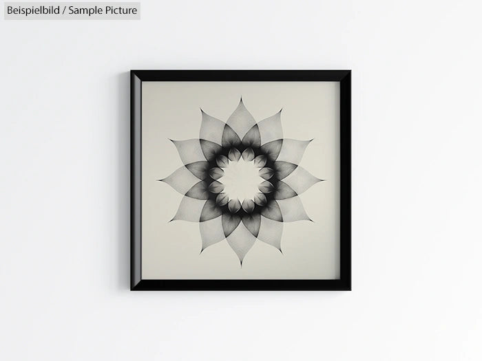 Framed abstract artwork with a symmetrical, flower-like, geometric pattern in grayscale on a white background.