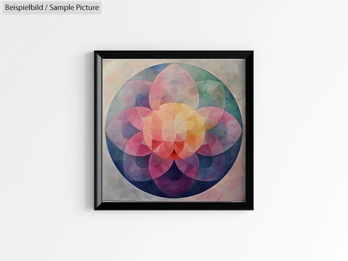 Framed abstract geometric art with overlapping colorful circles and petal shapes, creating a flower-like design.