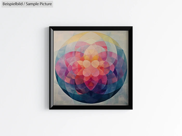 Framed geometric abstract art with overlapping colorful circles and floral pattern.