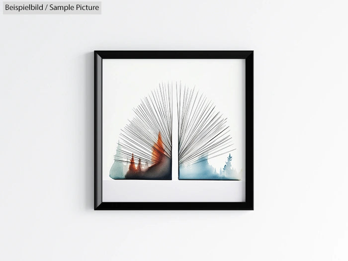 Artistic book sculpture with fanned pages creating a silhouette of trees in a black frame, against a white wall.