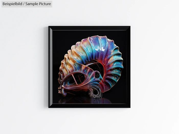 Framed art piece of a colorful, iridescent nautilus shell against a black background.