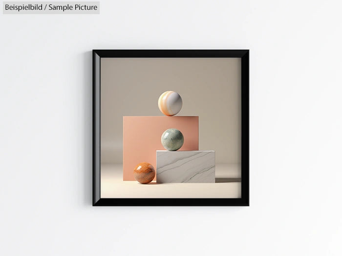 Modern framed art with geometric shapes and marble spheres against a neutral background.