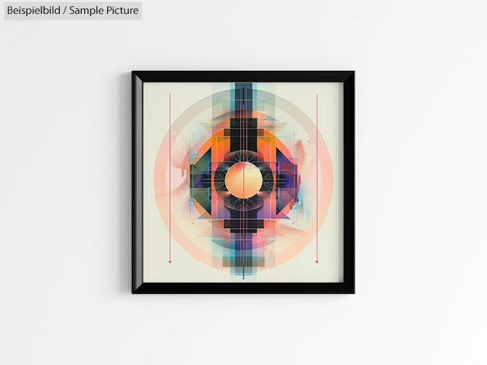 Framed abstract artwork with colorful geometric patterns and a central circle on a white background.