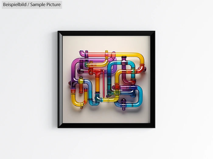 Colorful abstract sculpture resembling a complex maze of interconnected pipes in a black frame.