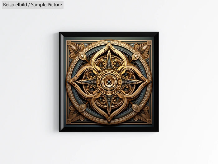 Ornate golden mandala design in square frame on white background.