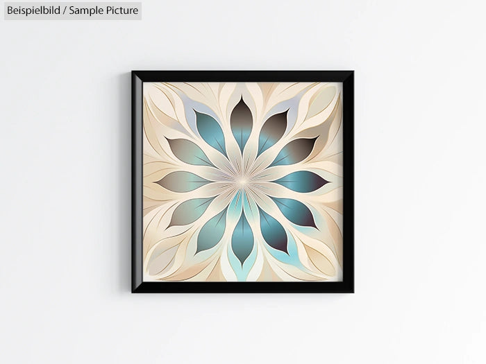 Abstract geometric art with layered petal shapes in beige and teal, framed and displayed on a white wall.