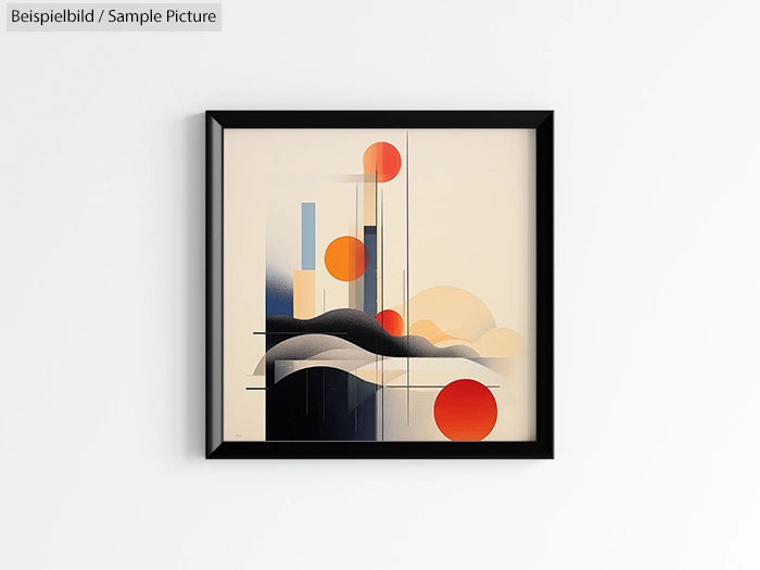 Framed abstract art with geometric shapes, featuring red and orange circles on a beige background.