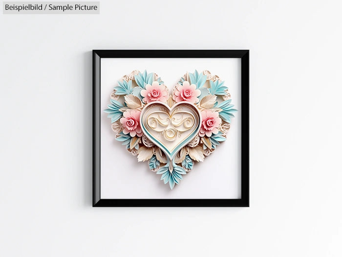 Framed floral heart artwork with pink roses and blue leaves on white background.