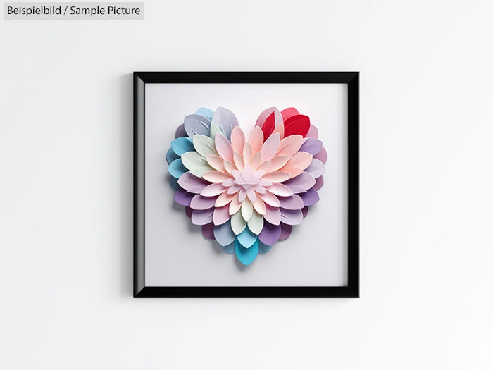 Multicolored paper flower art in heart shape, framed on a white background.