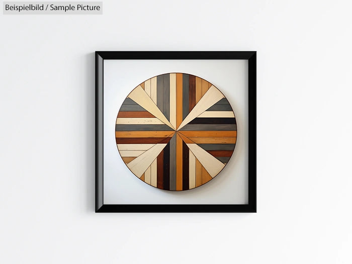 Abstract geometric artwork with circular wooden pattern in black frame.