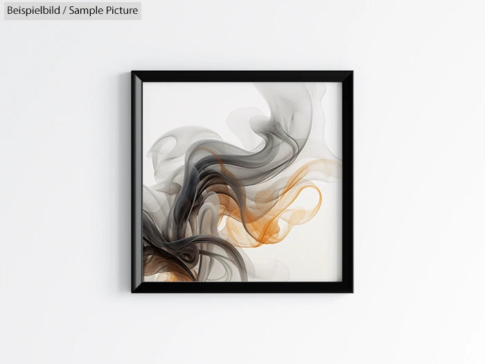 Abstract art with black, grey, and orange swirling patterns in a square black frame, hung on a white wall.