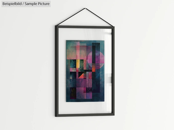 Framed abstract artwork with geometric shapes in pink, blue, and green tones, hanging on a white wall.