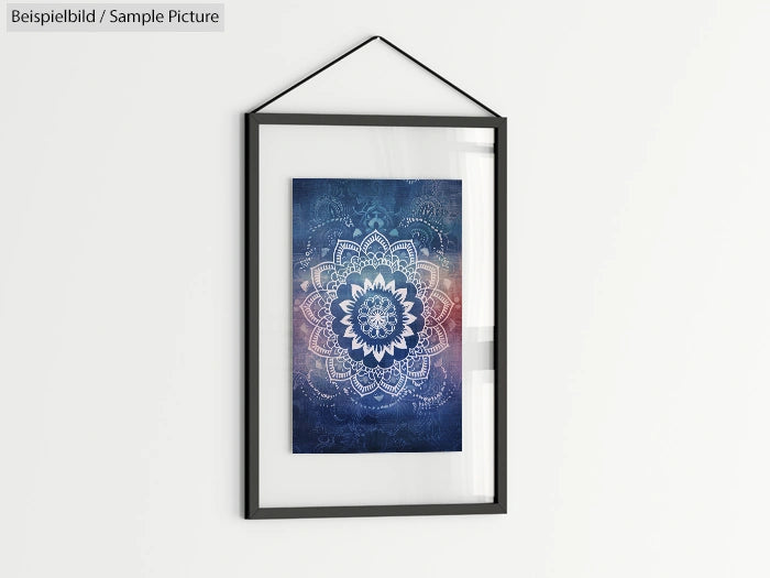 Framed wall art with intricate blue mandala design on a gradient background, hanging from a black string.