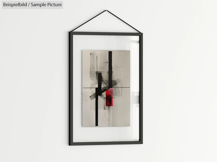 Framed abstract painting with geometric lines and a red accent, displayed on a white wall.