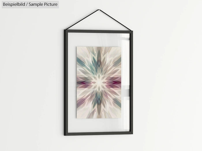 Decorative framed abstract art with geometric pastel patterns hanging on a white wall.