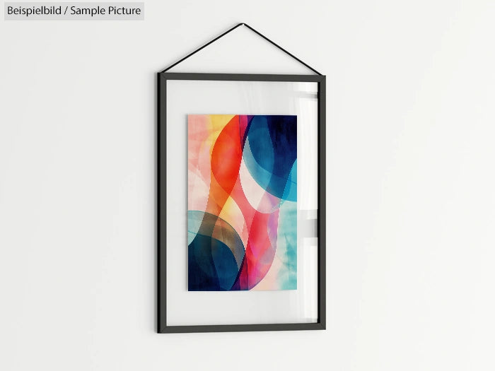 Framed abstract art print with colorful overlapping geometric shapes on a white wall.