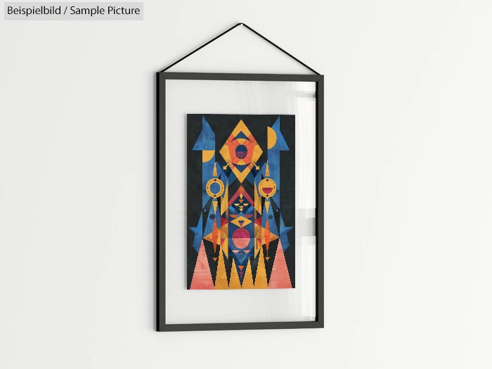 Framed geometric abstract art print with colorful triangles and circles on a wall.