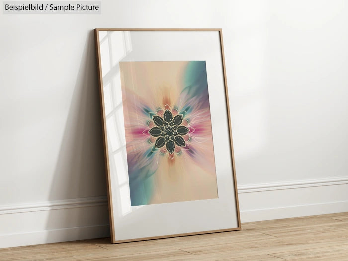 Framed abstract artwork on floor, features multicolored flower design with soft pastel hues, leaning against a white wall.