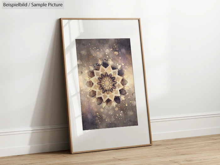 Framed geometric art print with mandala pattern in earth tones leaning against a white wall on wood floor.