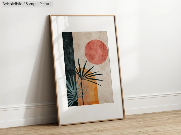 Framed abstract art depicting a red circle, geometric shapes, and stylized palm leaves against a muted background.