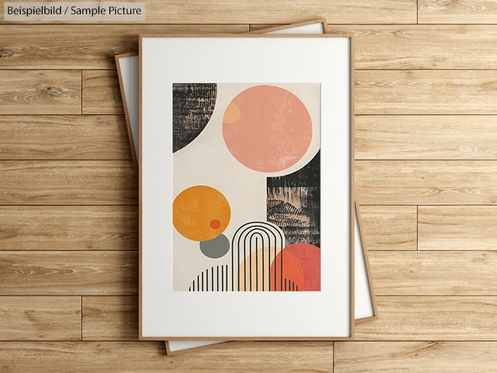 Abstract geometric art in framed picture. Features overlapping circles in orange hues and striped patterns on wood floor.