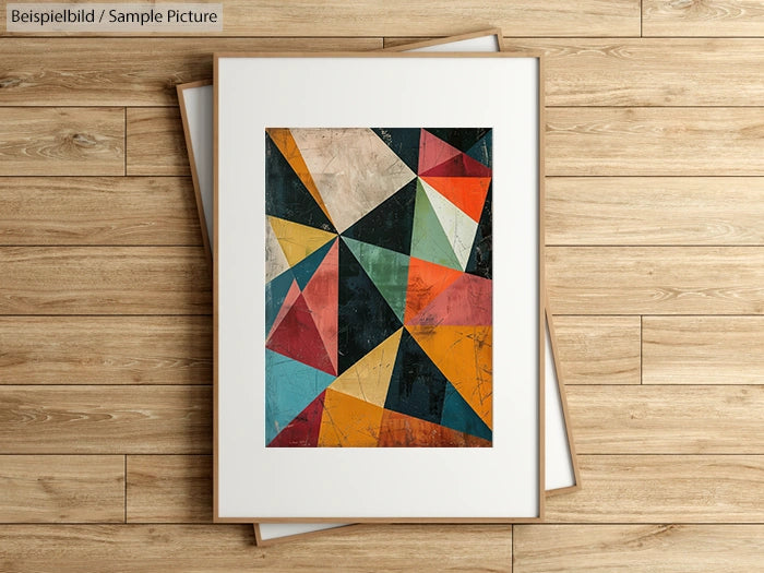 Framed geometric abstract art with colorful triangles on wooden floor background.