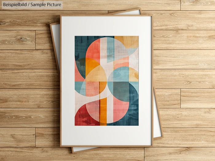 Geometric abstract art with overlapping circles in pink, blue, and yellow tones, framed on a wooden floor.