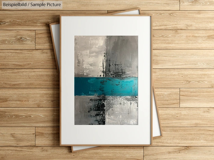 Abstract painting with gray textures and a horizontal teal stripe on wooden surface.