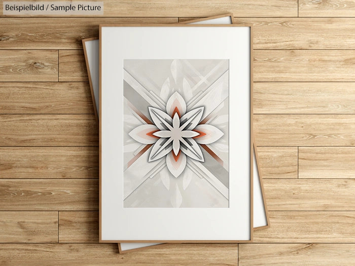 Geometric abstract artwork with layered petals in neutral tones, framed on a wooden floor background.