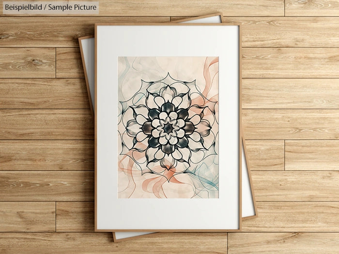 Framed abstract flower drawing with intricate black petals on beige swirl background, resting on wooden floor.