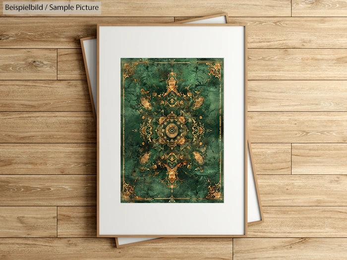 Framed art print on wooden floor, featuring ornate green and gold mandala design.