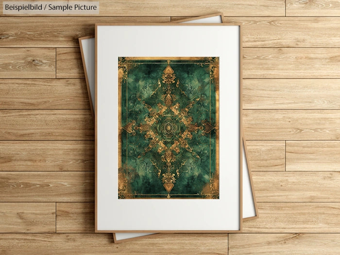 Decorative art print with green and gold geometric pattern, framed and displayed on wooden surface.