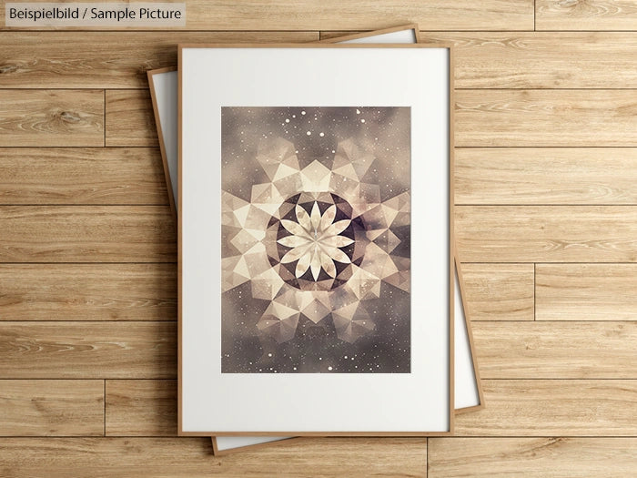 Geometric artwork with star pattern in a wooden frame on a wooden floor.