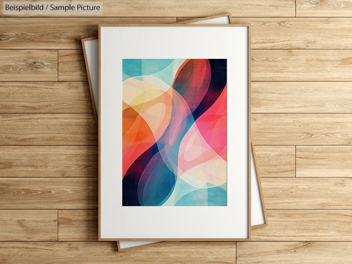 Framed abstract art with colorful, overlapping geometric shapes on a wooden floor background.