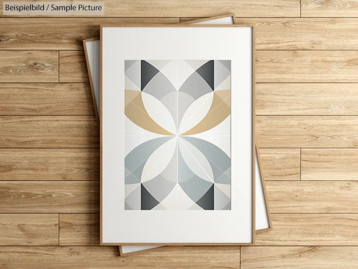 Geometric abstract art with interlocking shapes in beige, blue, and gray mounted against a wooden floor background.