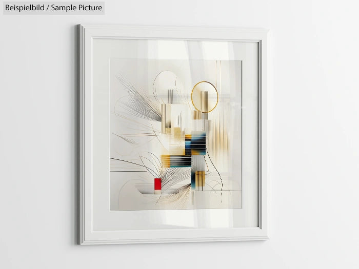 Modern abstract artwork with geometric shapes and lines in a white frame on a wall.